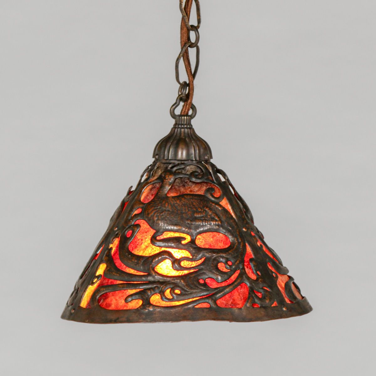 California Arts & Crafts Hammered Copper Peacock Repousse Cutout Hanging Light c1910