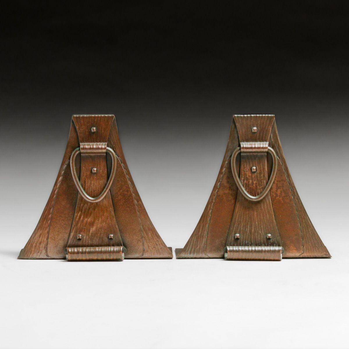 Roycroft Hammered Copper Loop-Handle Bookends c1920s