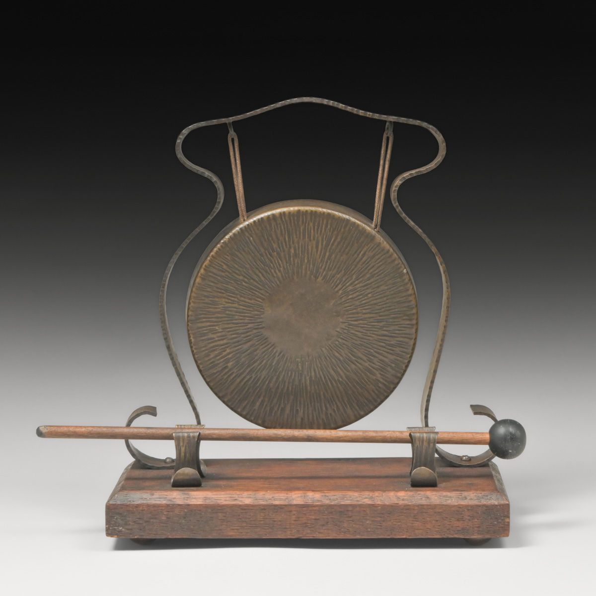 Arts & Crafts Period Hammered Brass & Mahogany Dinner Gong c1910