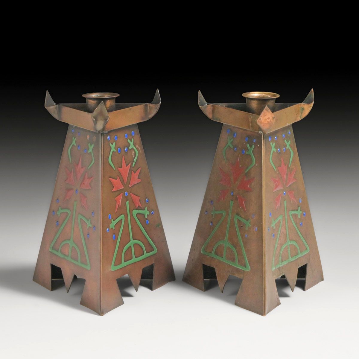 Art Crafts Shop - Buffalo Pair Copper & Enamel Candlesticks c1905