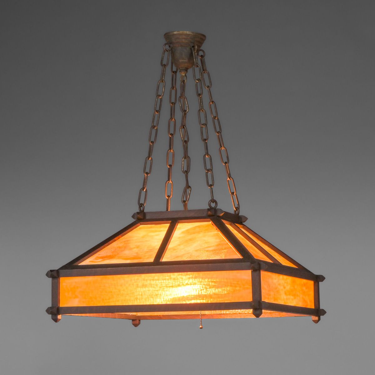 Arts & Crafts Period Oak & Amber Slag Glass Chandelier c1910
