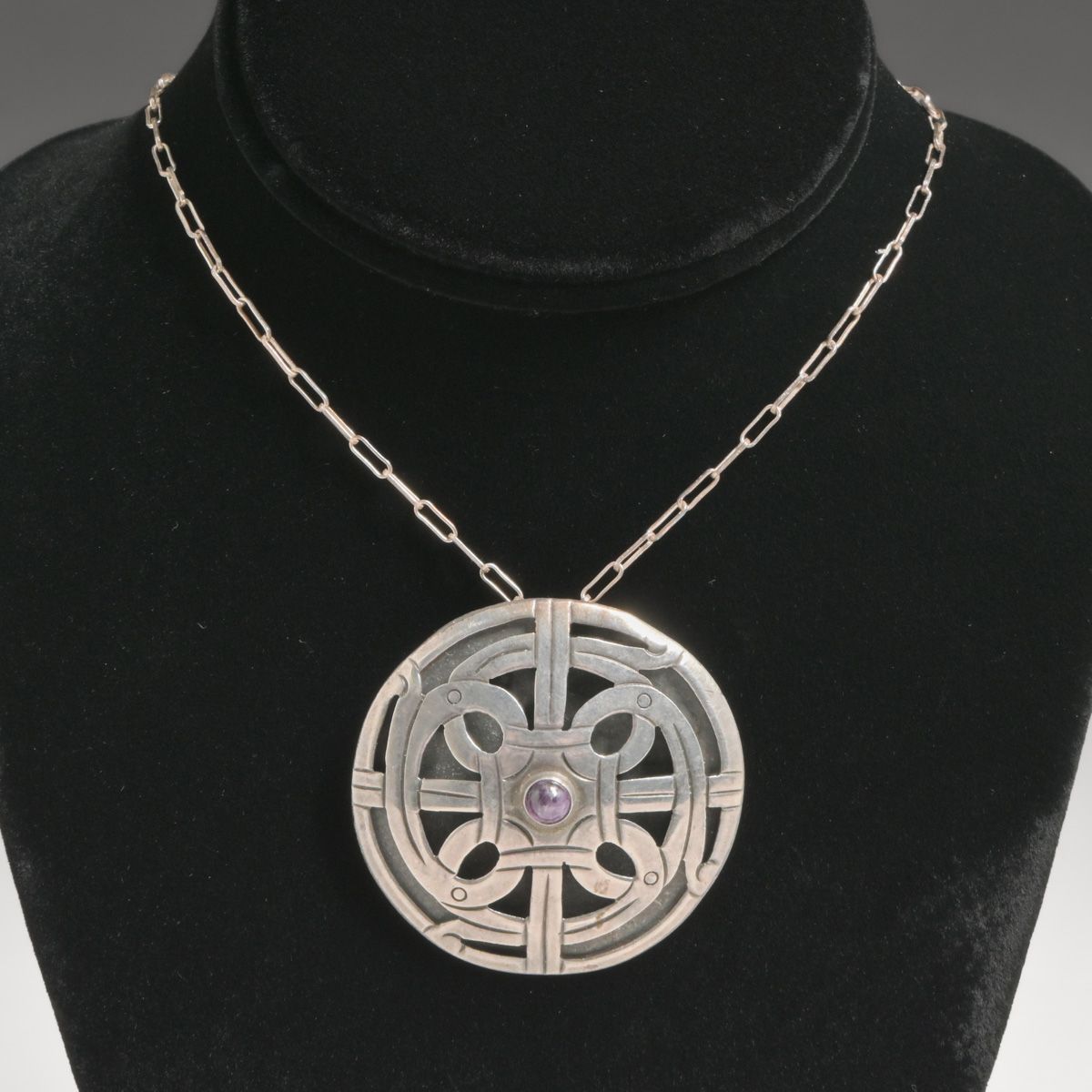 Arts & Crafts Period Sterling Silver & Amethyst Celtic Medallion Pendant c1910