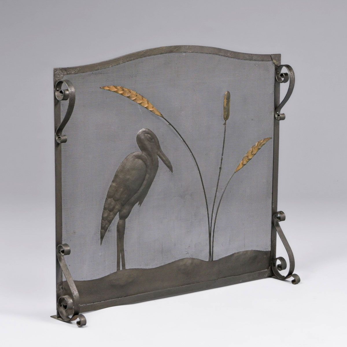 Arts & Crafts Period Hand-Forged Iron & Hammered Copper Heron & Cattail Fire Screen c1920s