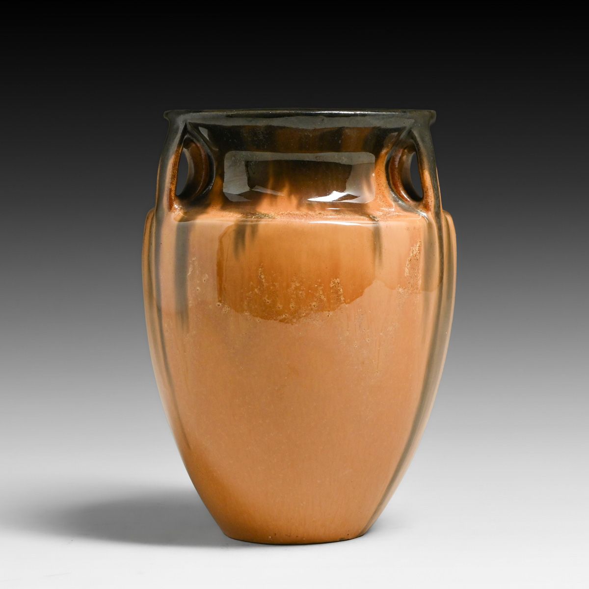 Fulper Pottery Orange & Mirror Black Flambe Three-Handled Bullet Vase c1917-1920