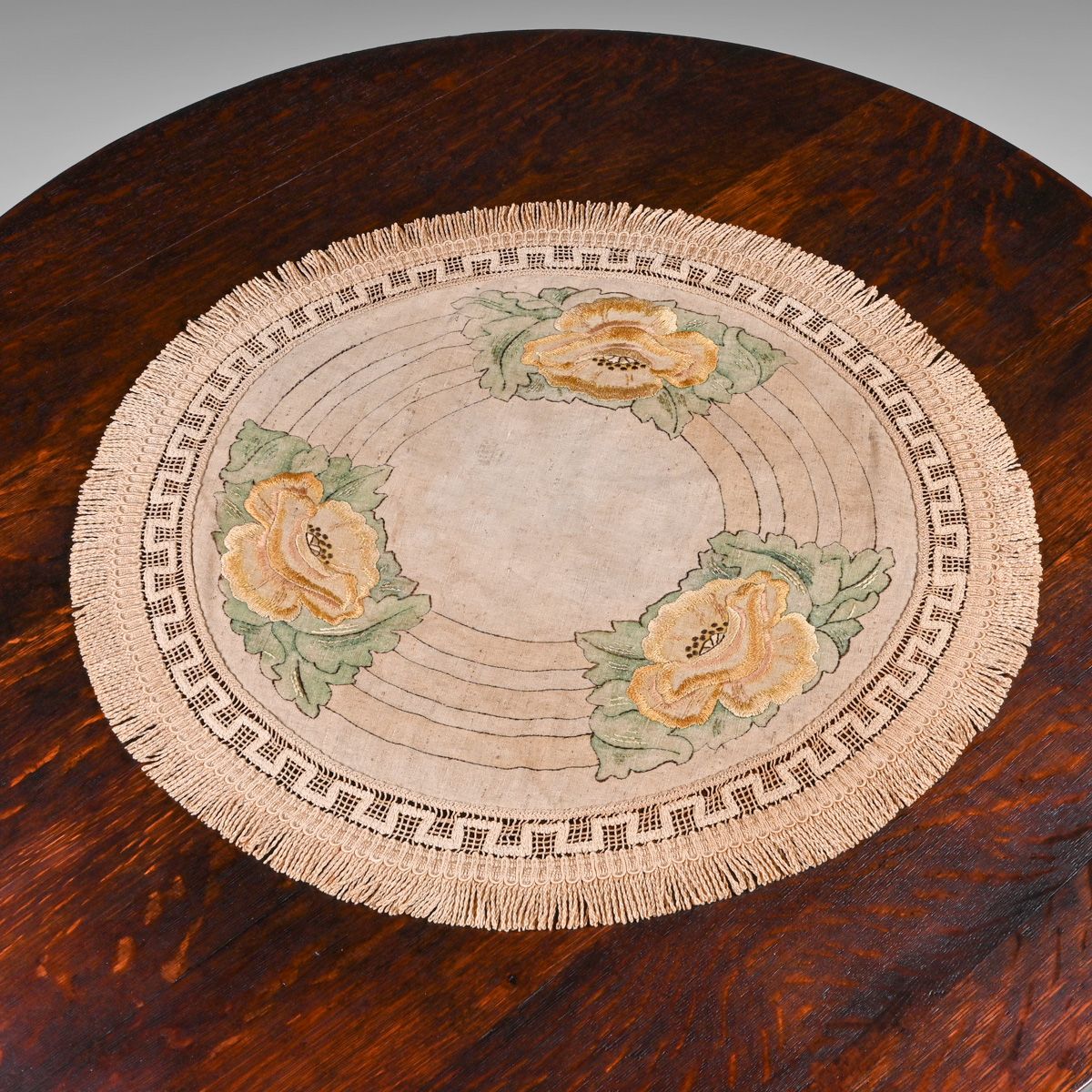 Arts & Crafts Period Hand Embroidered Poppies Round Linen c1910