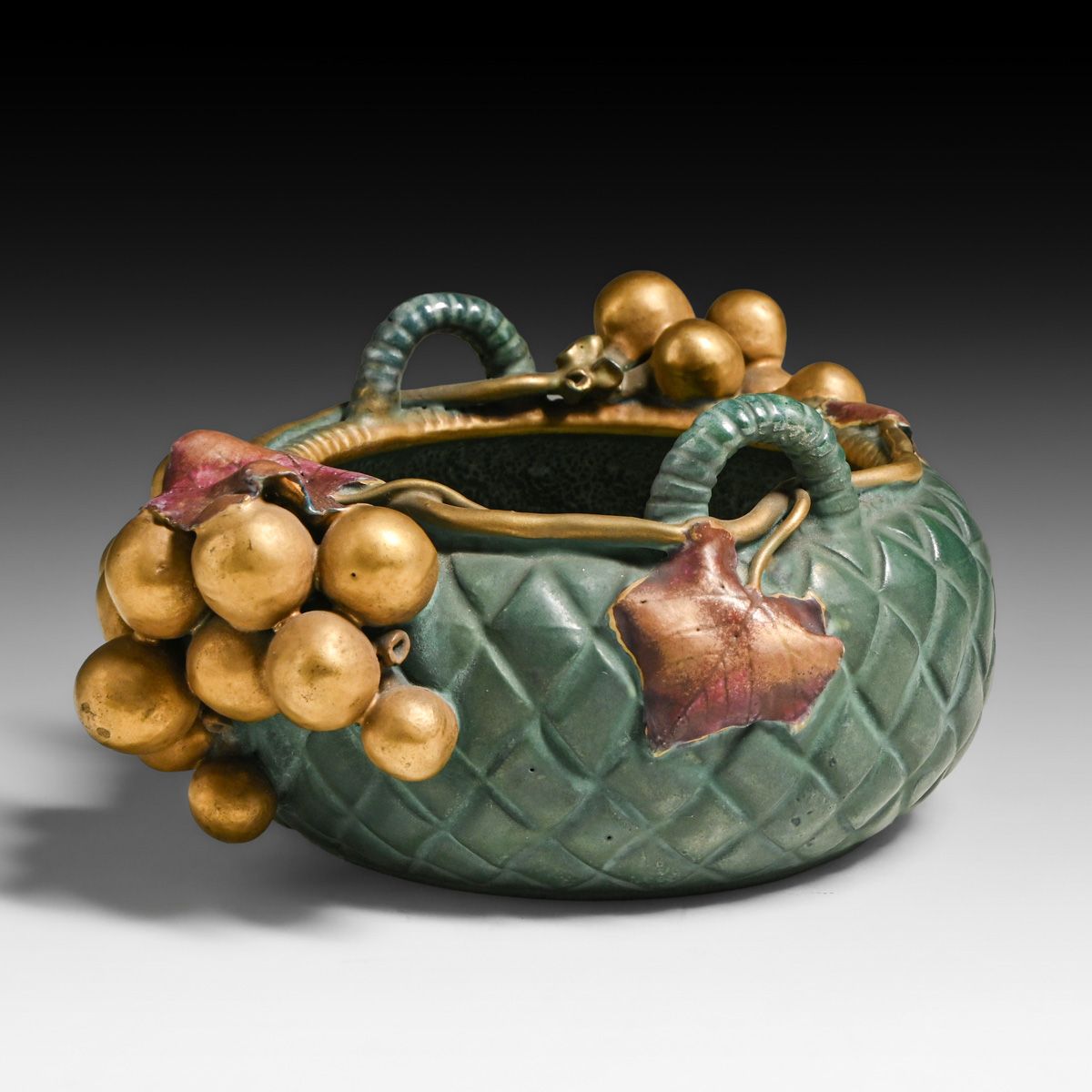 Paul Dachsel Austria Art Nouveau Gilded Grape Clusters Pottery Basket c1905