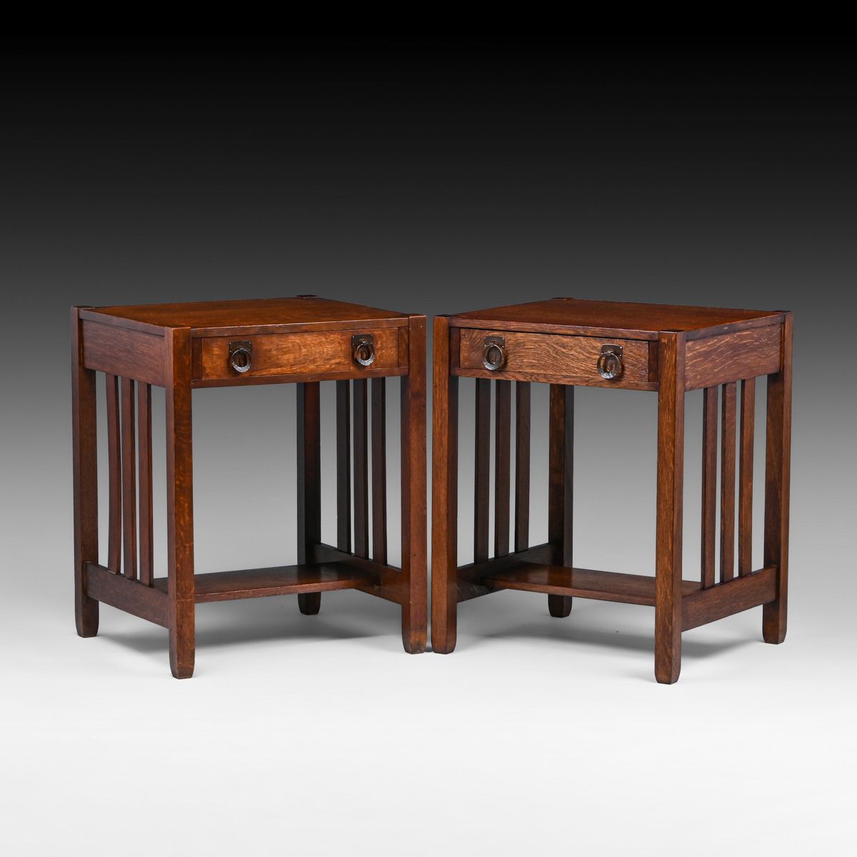 Pair Stickley Brothers One-Drawer Slatted Tables c1910