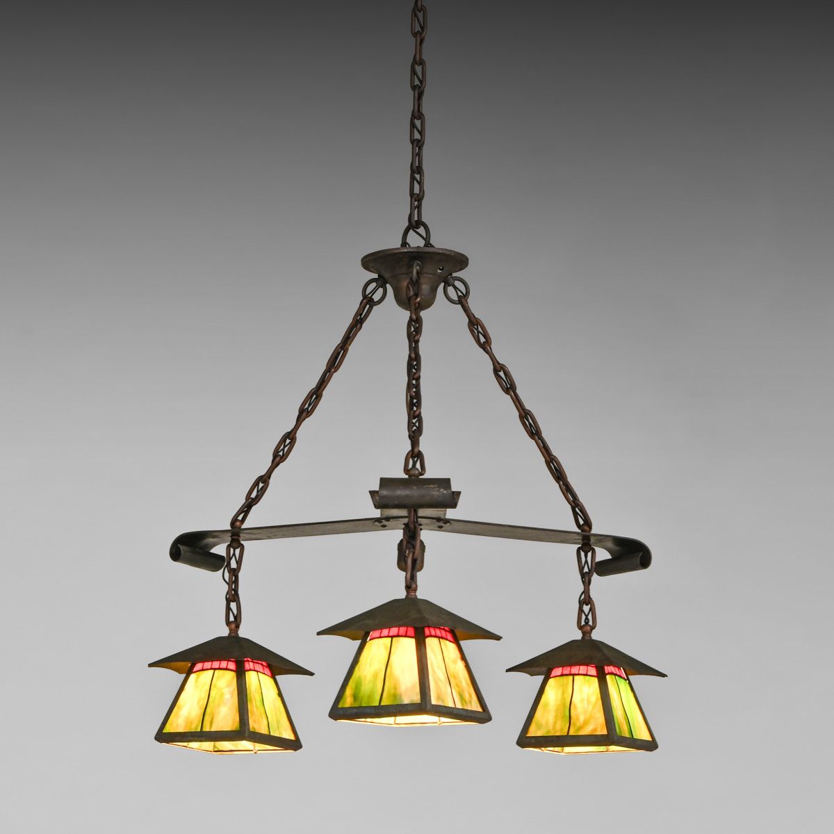 Arts & Crafts Period Copper, Brass & Leaded Glass Chandelier c1910