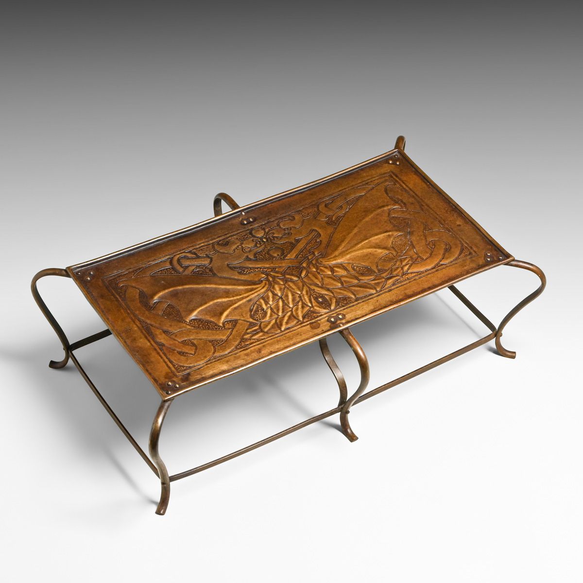 Keswick School of Industrial Art (KSIA) Hammered Copper & Brass Repousse Dragons Tabletop Stand / Trivet c1900