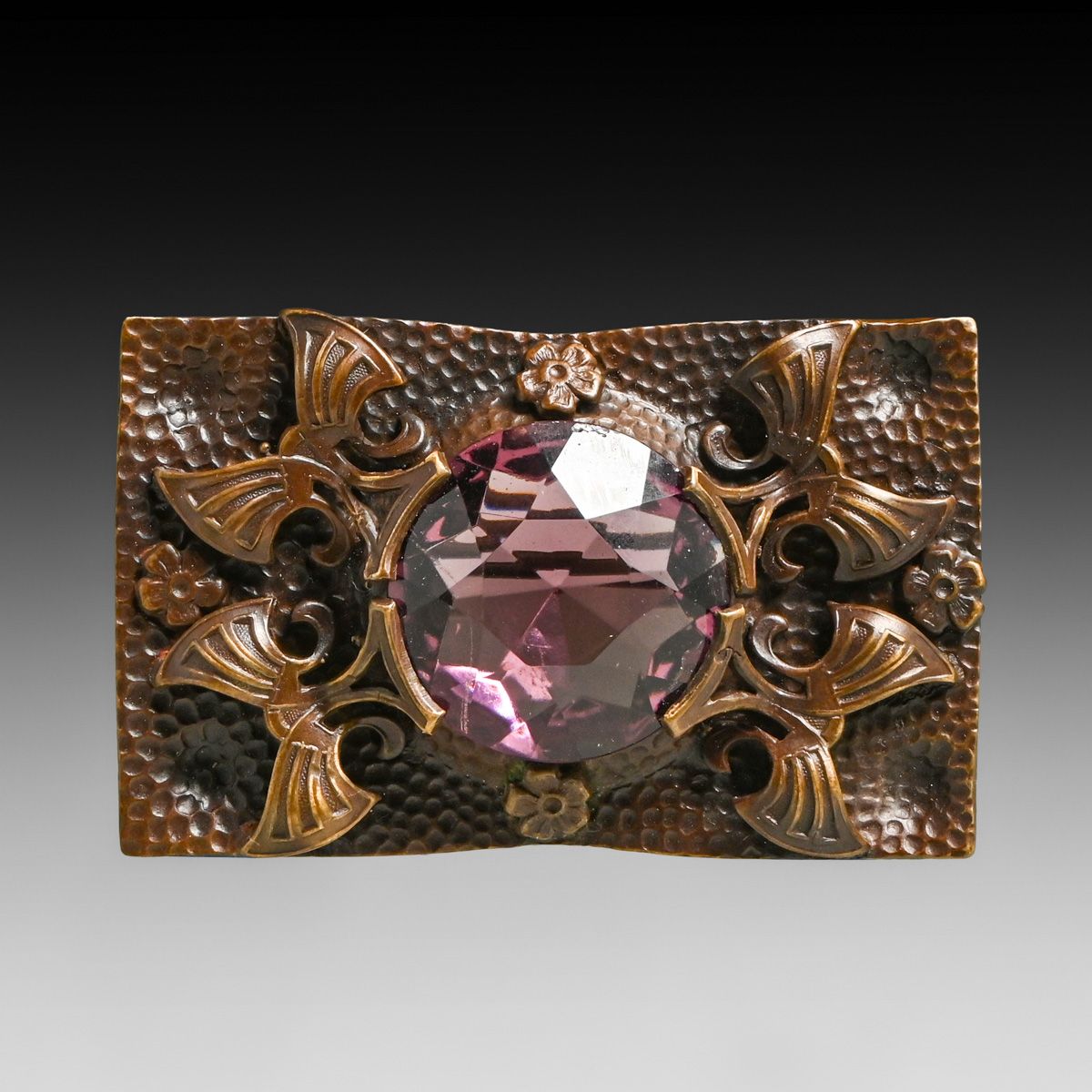 Arts & Crafts Period Hammered Copper & Faux Amethyst Sash Pin c1910