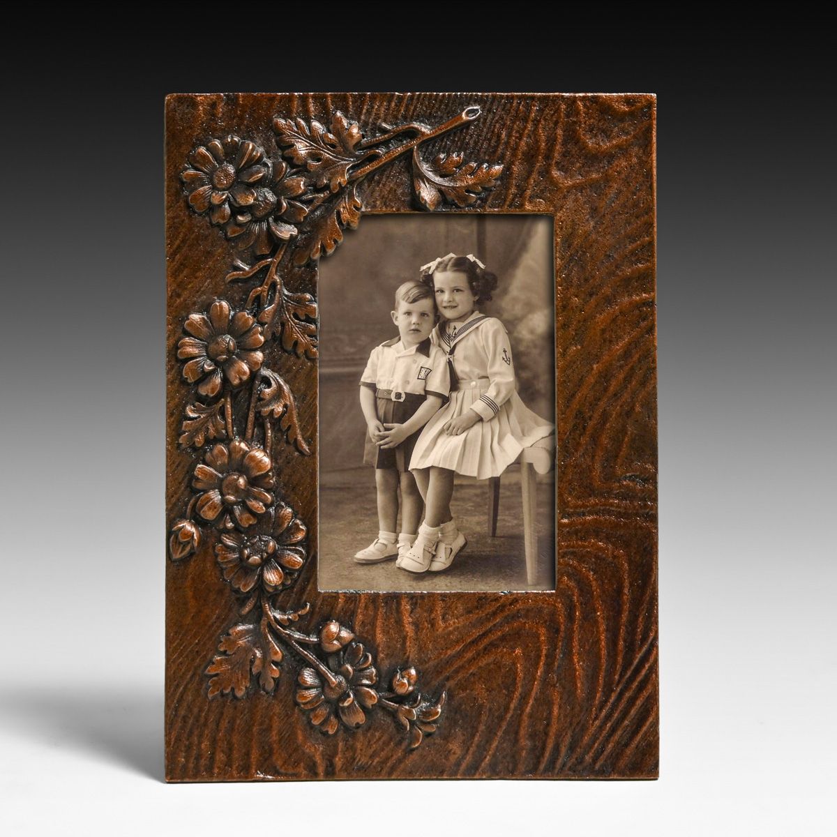 Arts & Crafts Period Hammered Copper Chrysanthemum & Faux Bois Frame c1910