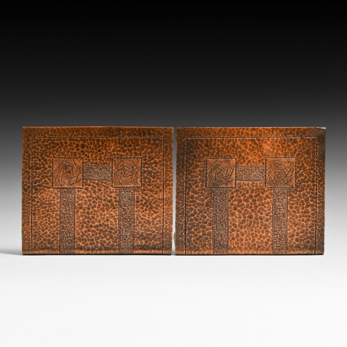 Scottish Glasgow Rose Hammered Copper Bookends c1910