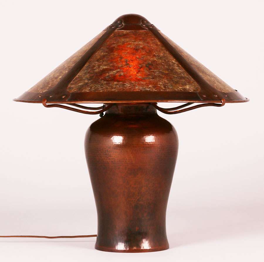 Early Michael Adams Hammered Copper Mica Lamp 1988 California Early Michael Adams Hammered Copper Mica Lamp 1988 California Historical Design