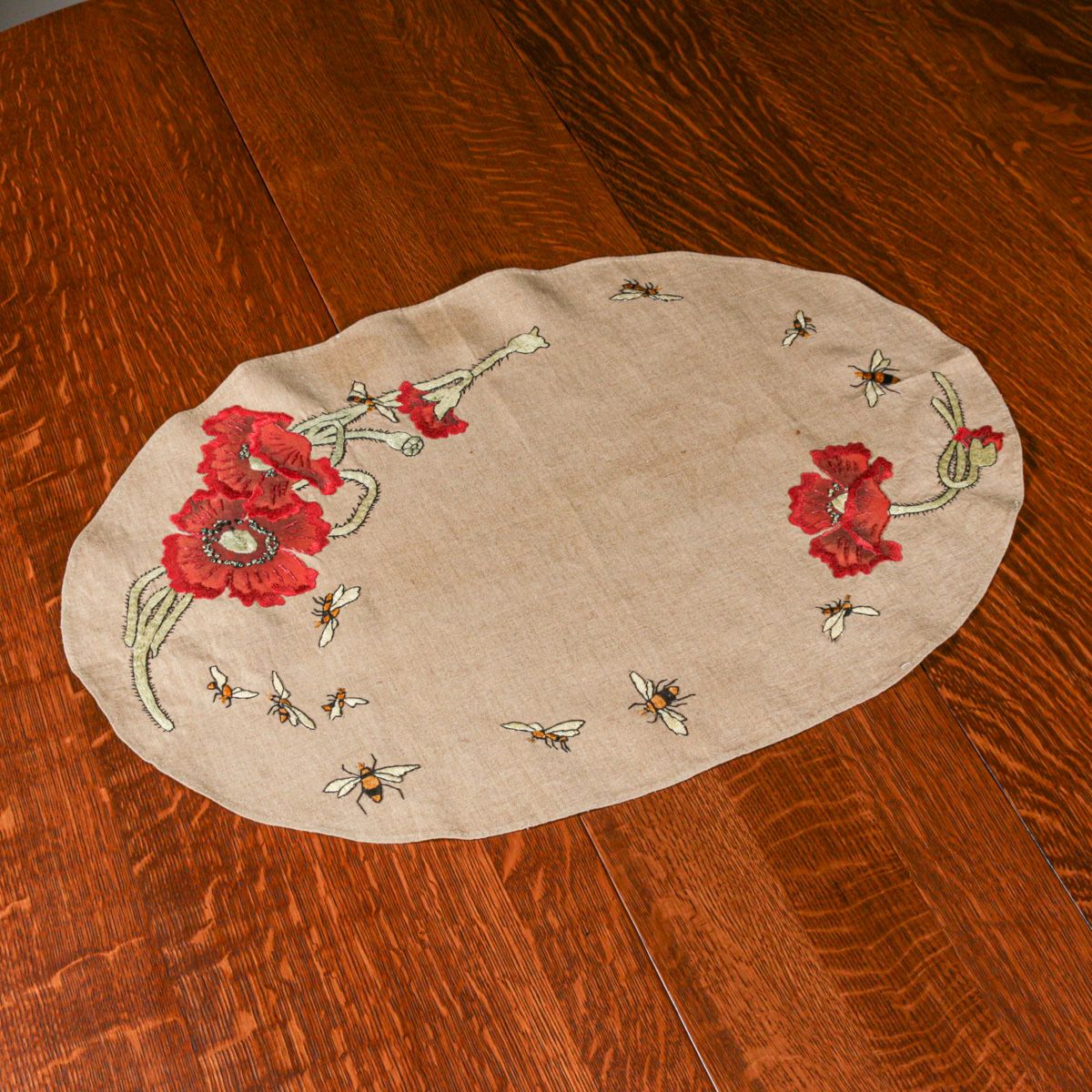 Arts & Crafts Period Hand Embroidered Bumble Bee Oval Linen c1910