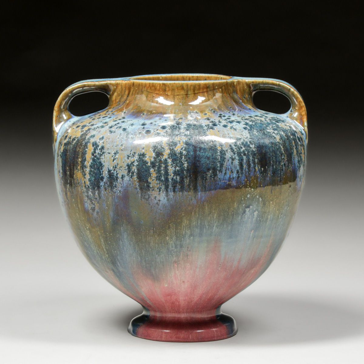Fulper Pottery Two-Handled Pink & Blue Crystalline Vase c1917-1920