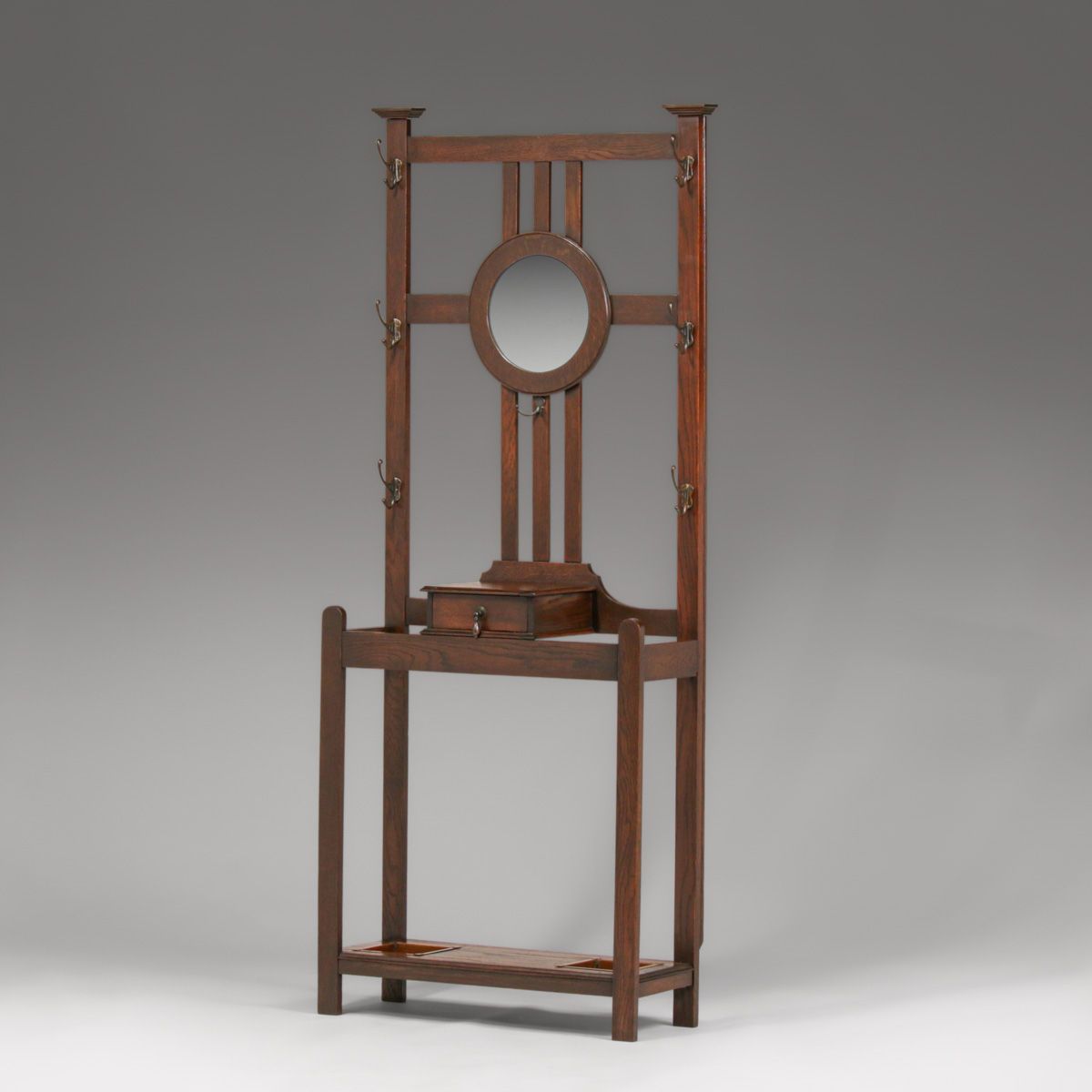 English Arts & Crafts Oak Hall Tree Coatrack c1910