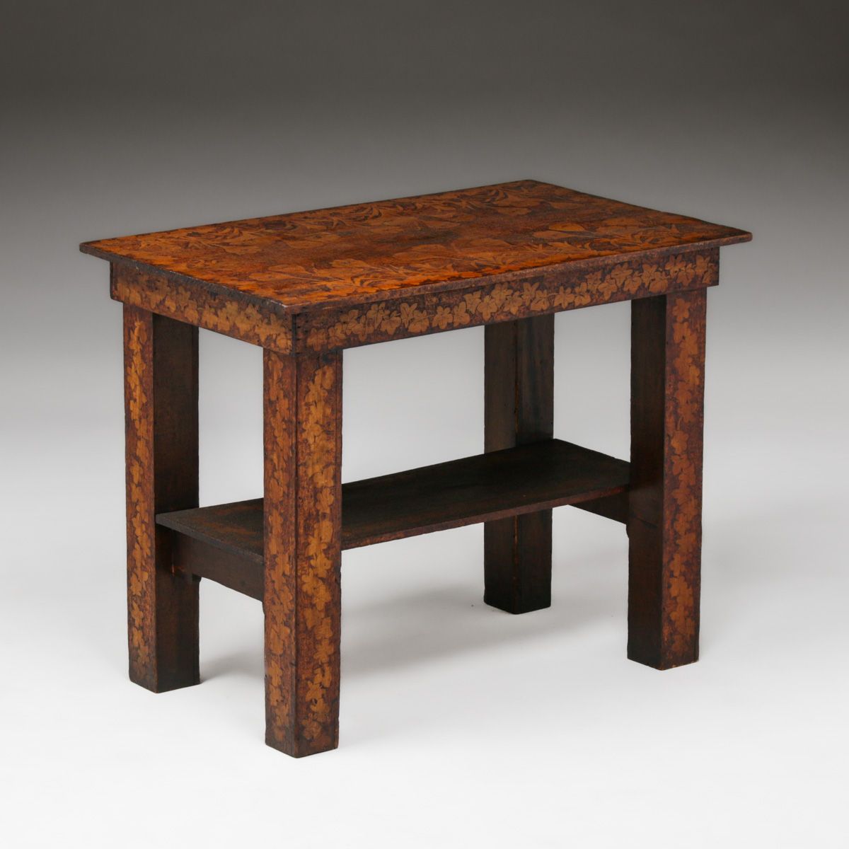 Arts & Crafts Period Hand-Carved Pyrography Library Table c1910