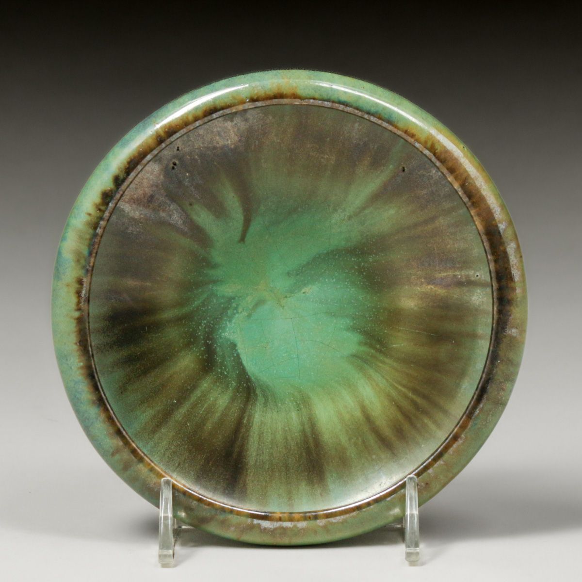 Small Fulper Pottery Green & Mirror Black Flambe Bowl c1910