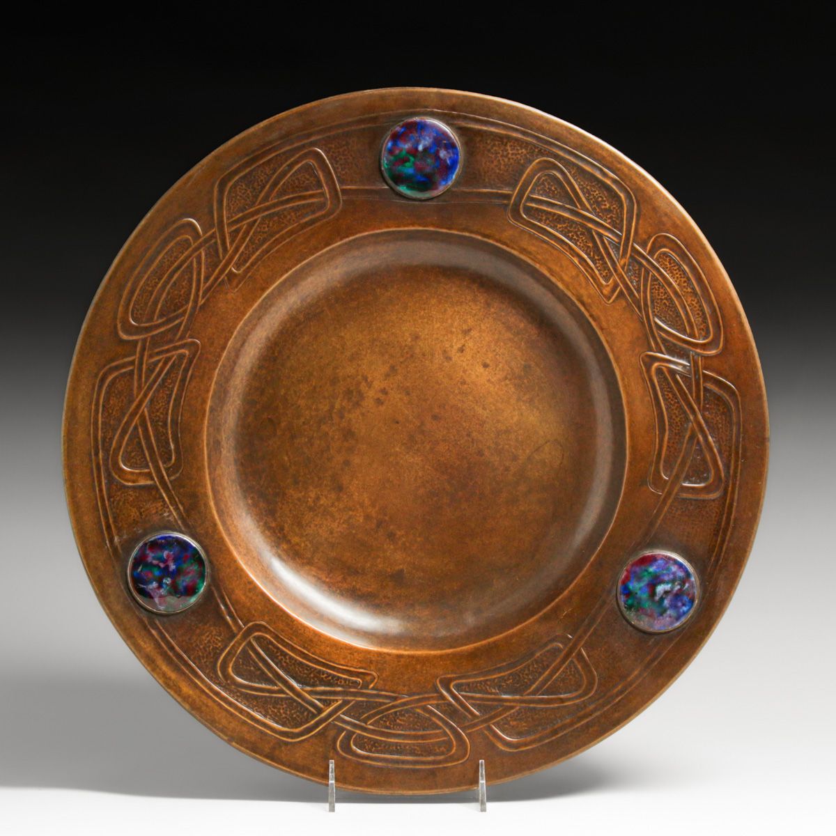 Margaret Gilmour – Glasgow Repoussé Hammered Copper & Ruskin Enamel Charger c1900s