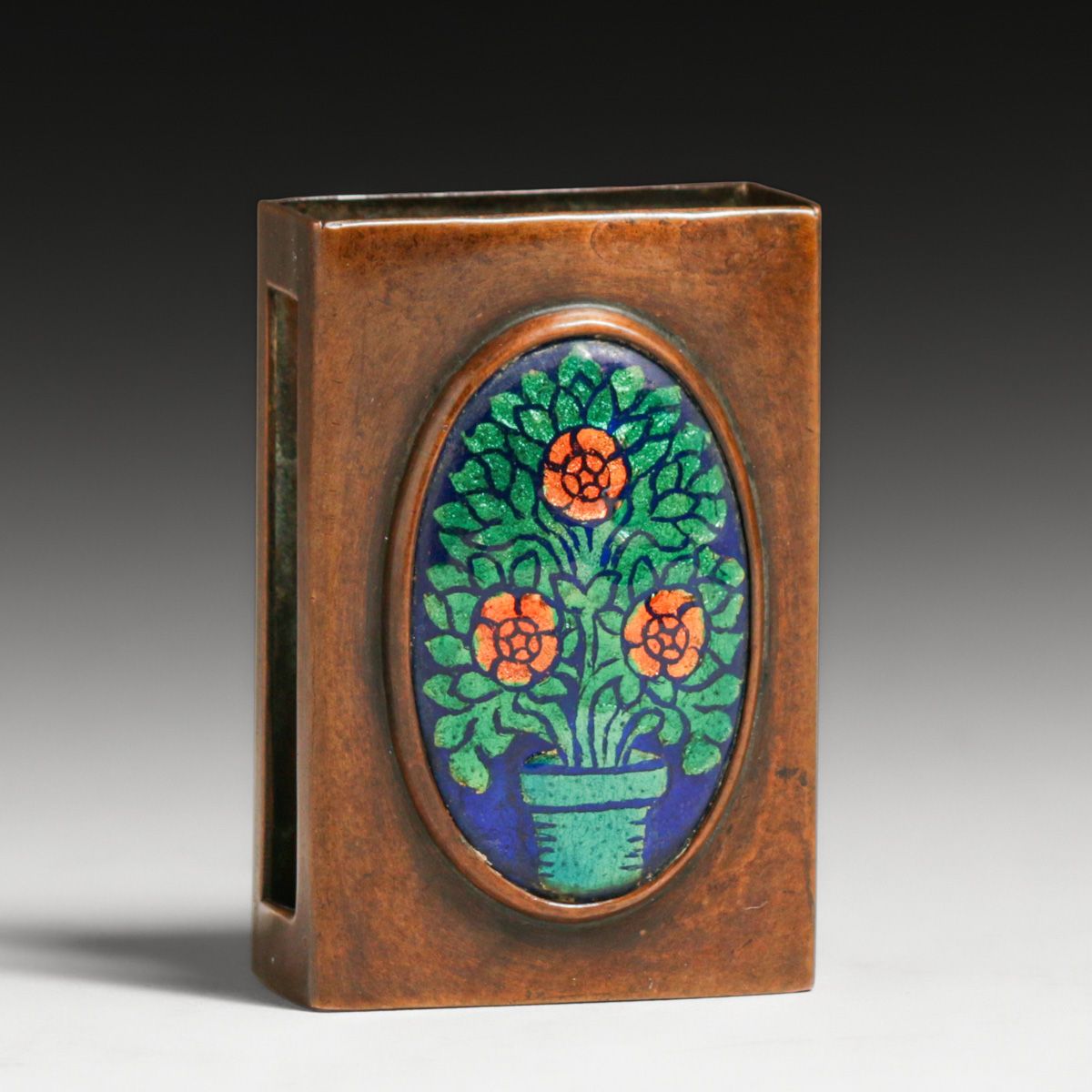 Rebecca Cauman Hammered Copper & Enamel Match Box Holder c1905