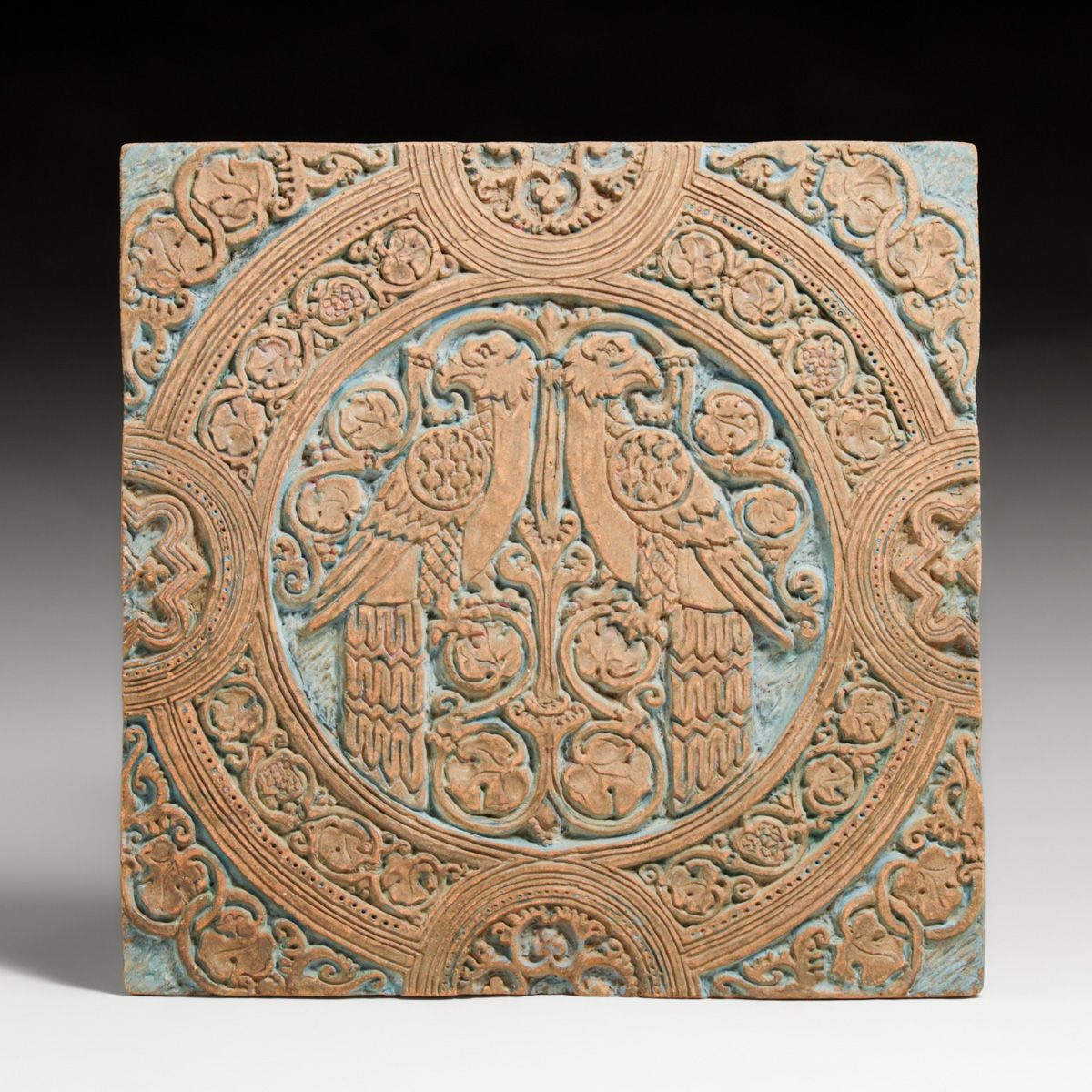 Large & Early Batchelder - Pasadena Double Peacock Tile c1910s