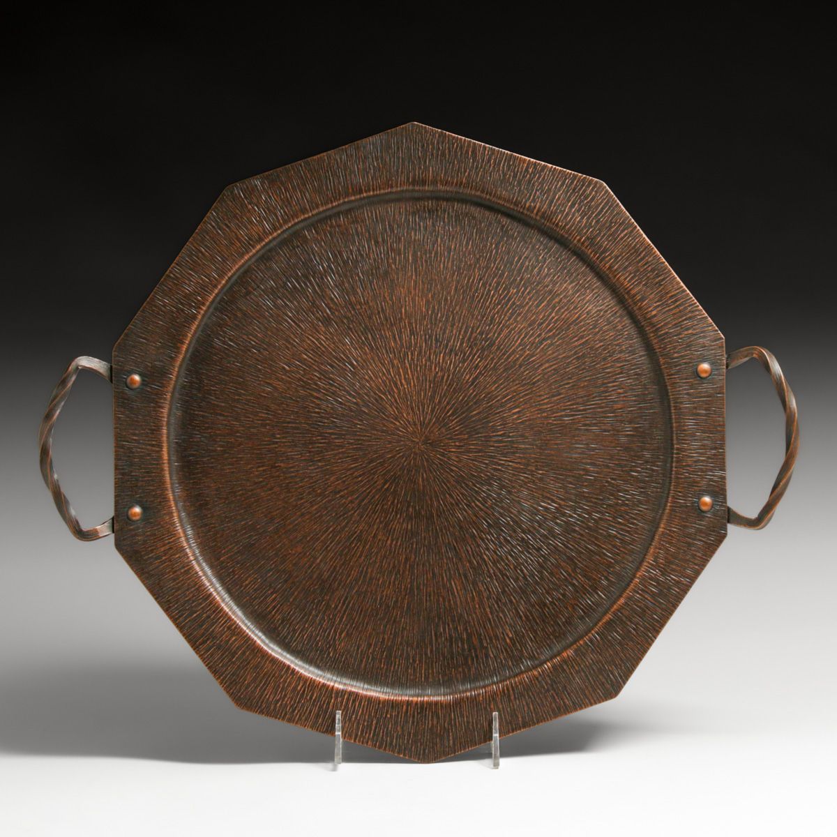 Arts & Crafts Period Radial Hammered Copper Two-Handled Tray c1920s