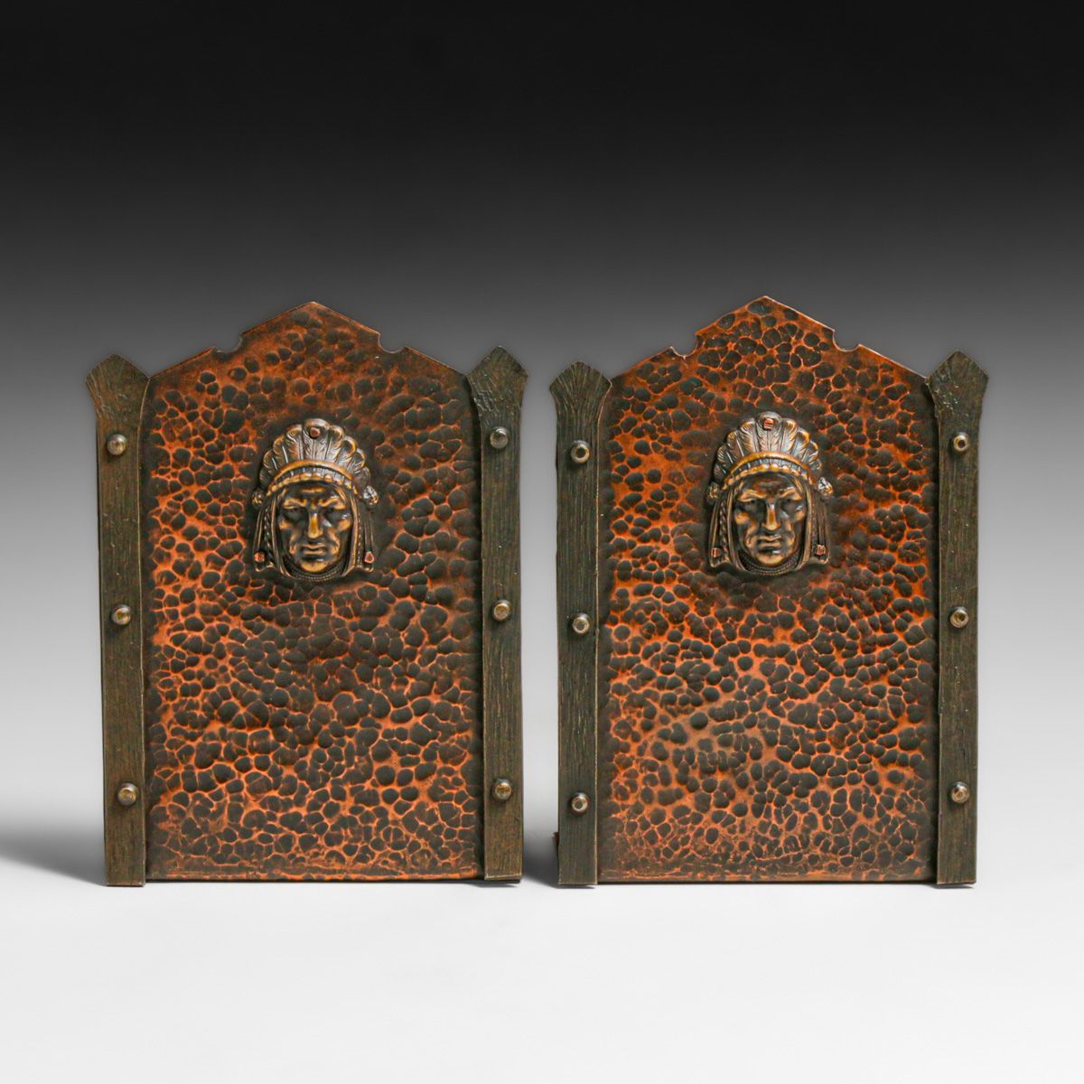 Arts & Crafts Hammered Copper Native American Bookends c1910