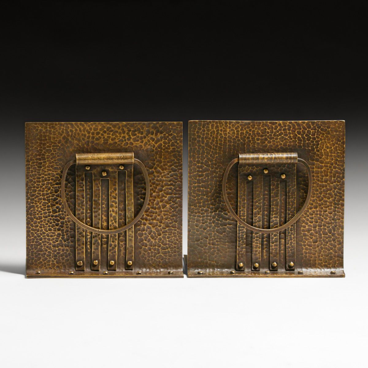 Arts & Crafts Period Hammered Brass Loop-Handled Bookends c1920s