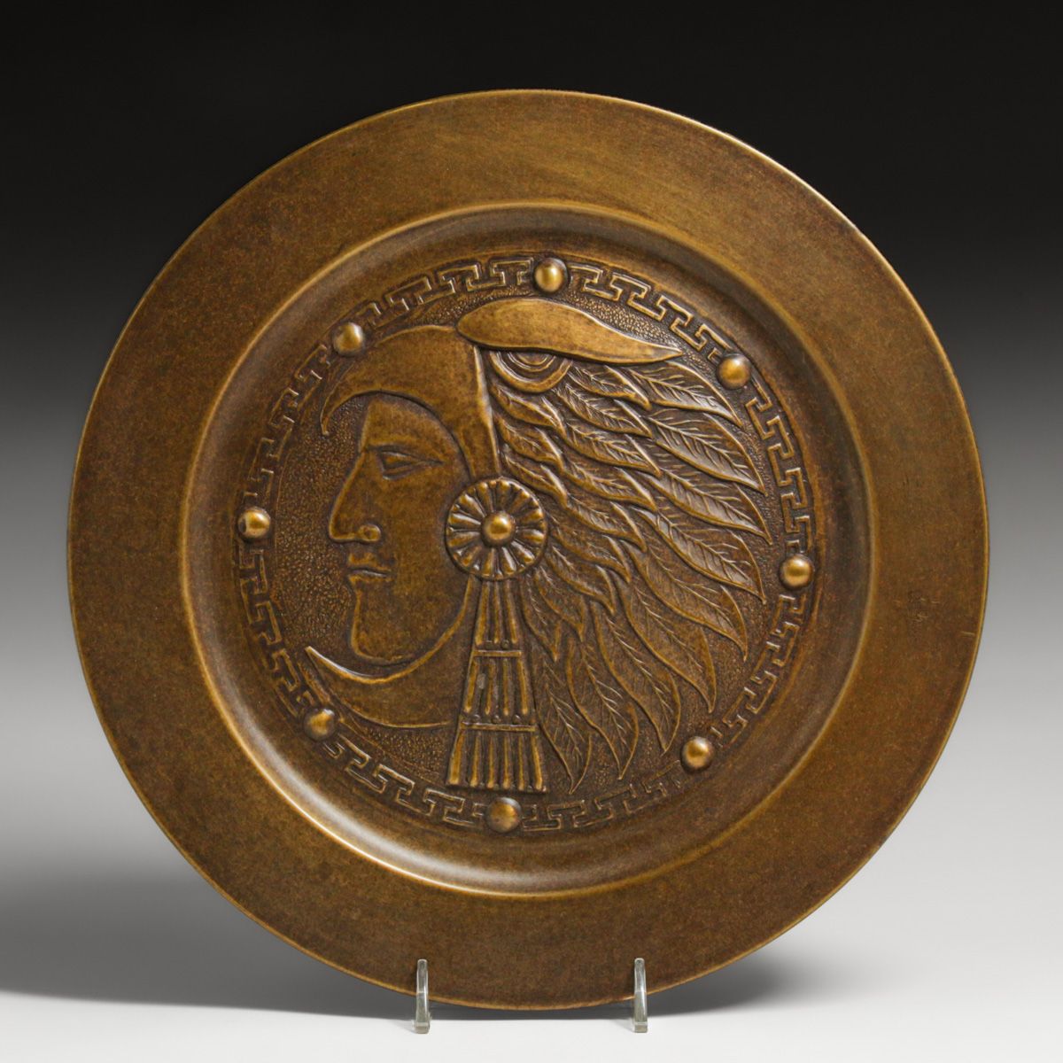 Mexican Aztec Repousse Hammered Brass Tray c1950s