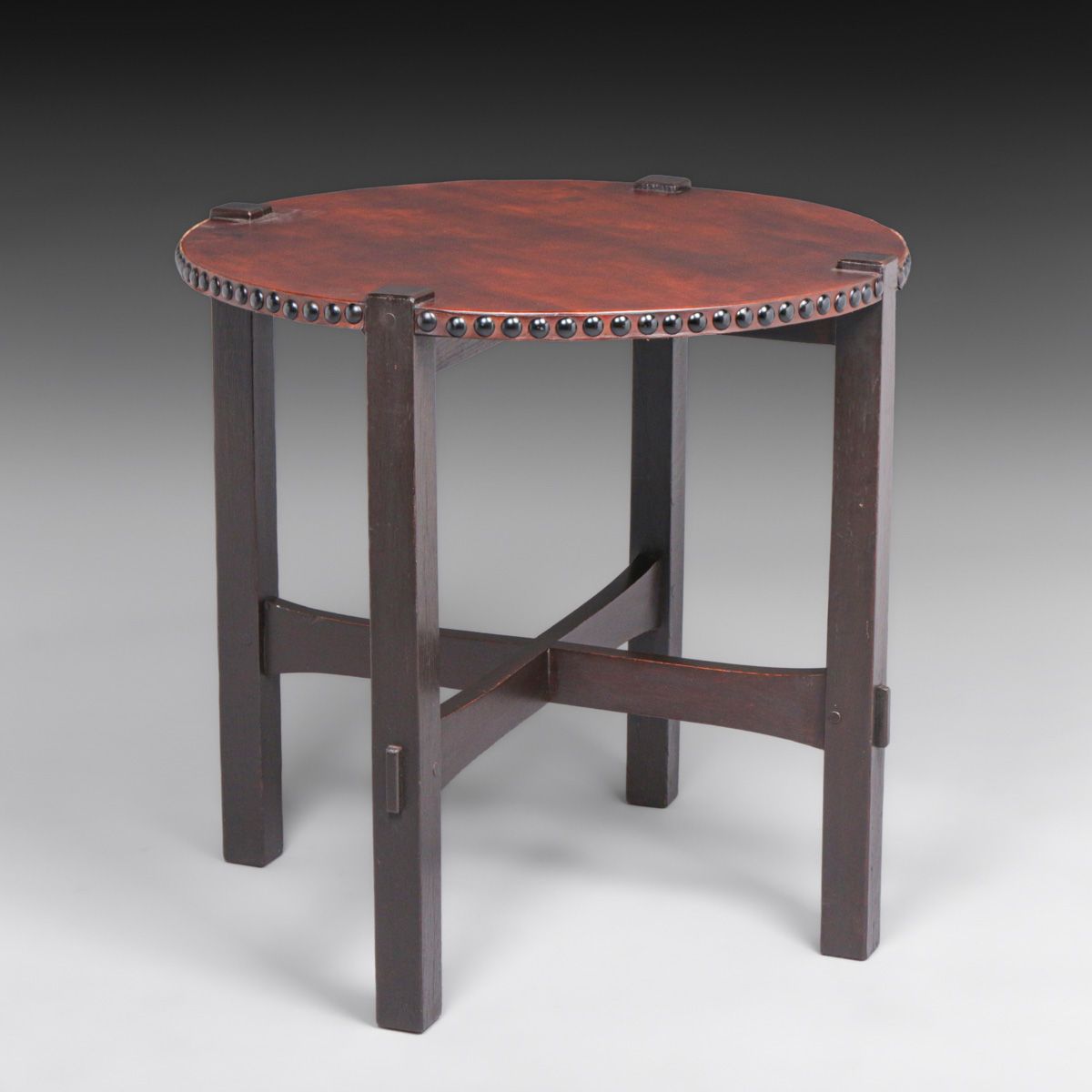 Early Gustav Stickley 30"d Leather-Top Lamp Table c1901