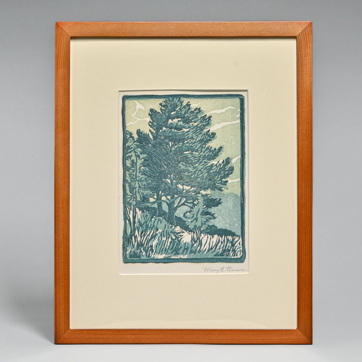 Mary A. Pearson Color Woodcut: Trees & Mountains (Blue) c1925