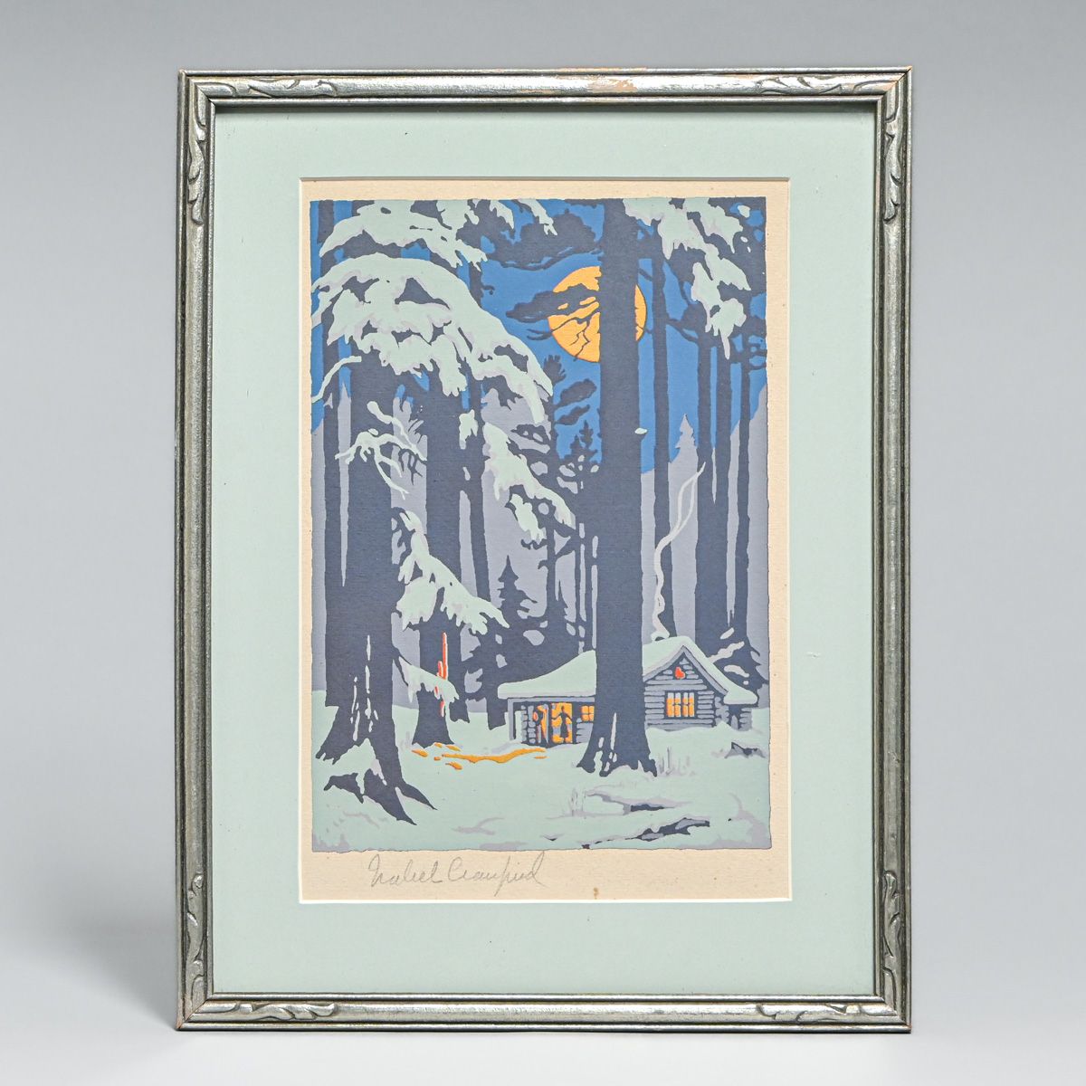 Isabel Crawford (1886-1974) Serigraph: Winter Cabin with Moonrise c1920s