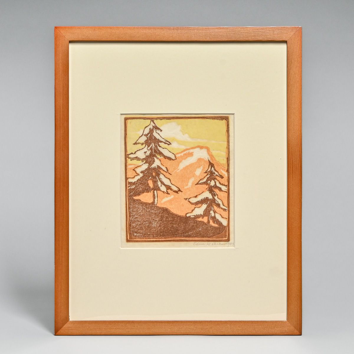Edna G. Parker Color Woodcut: Snow Capped Mountains with Trees (Orange) 1937