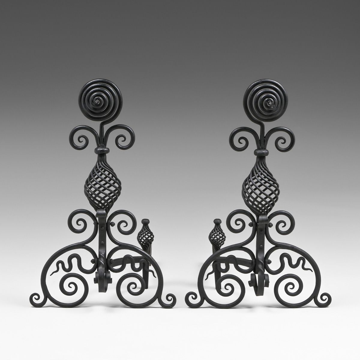 Antique Arts & Crafts Period Hand-Wrought Iron Andirons Similar to Roycroft c1905