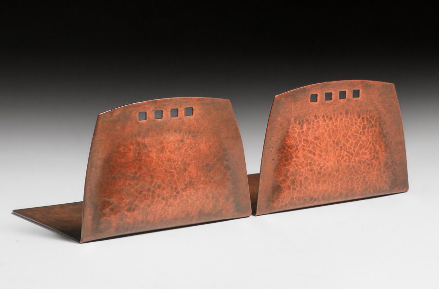 Roycroft Secessionist Hammered Copper Cutout Bookends c1912-1915
