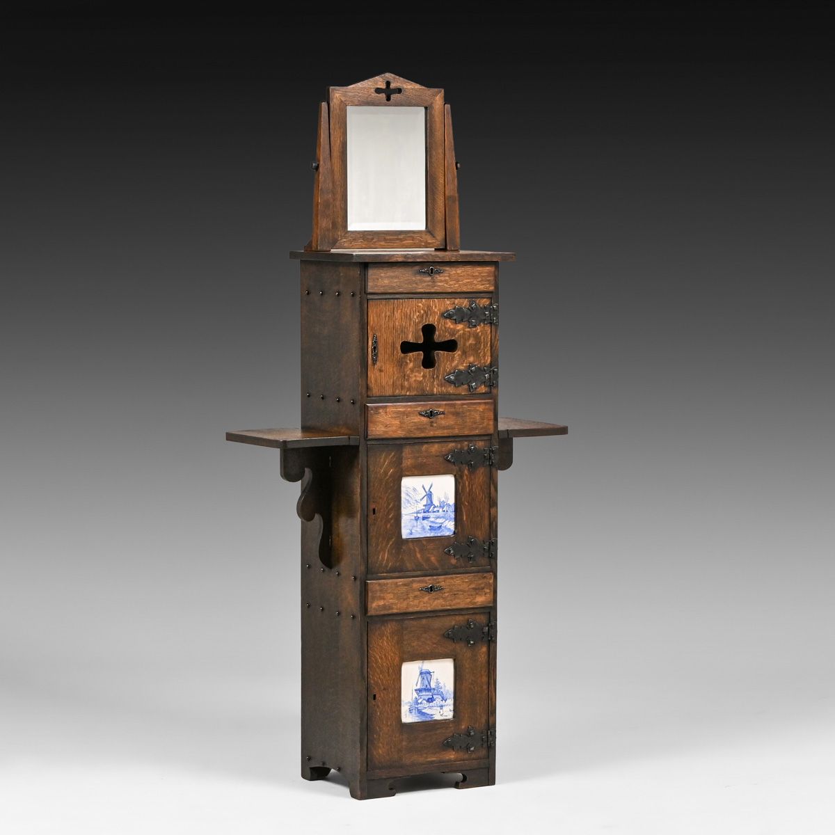 Shop of the Crafters Tall Oak & Delft Tile Shaving Stand c1905