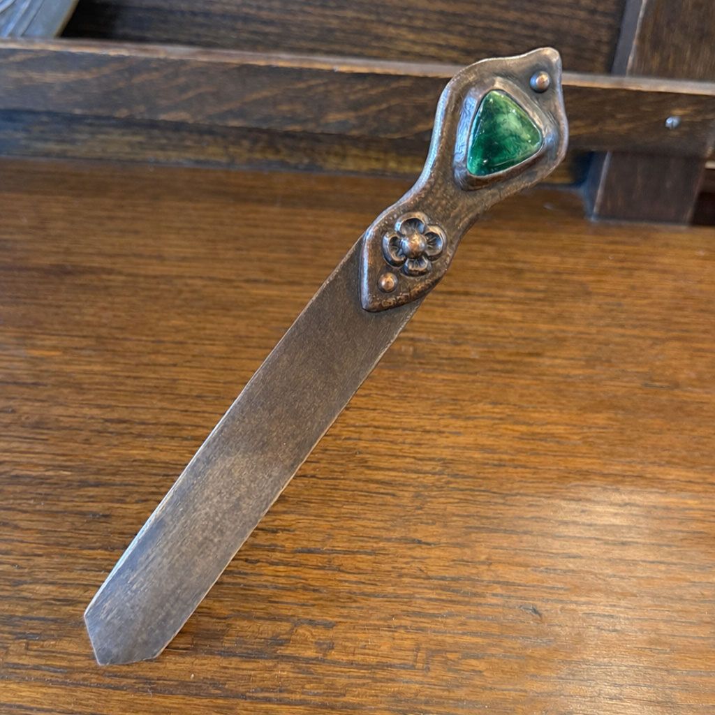 English Arts & Crafts Hammered Copper, Brass & Ruskin Enamel Paper Knife c1900