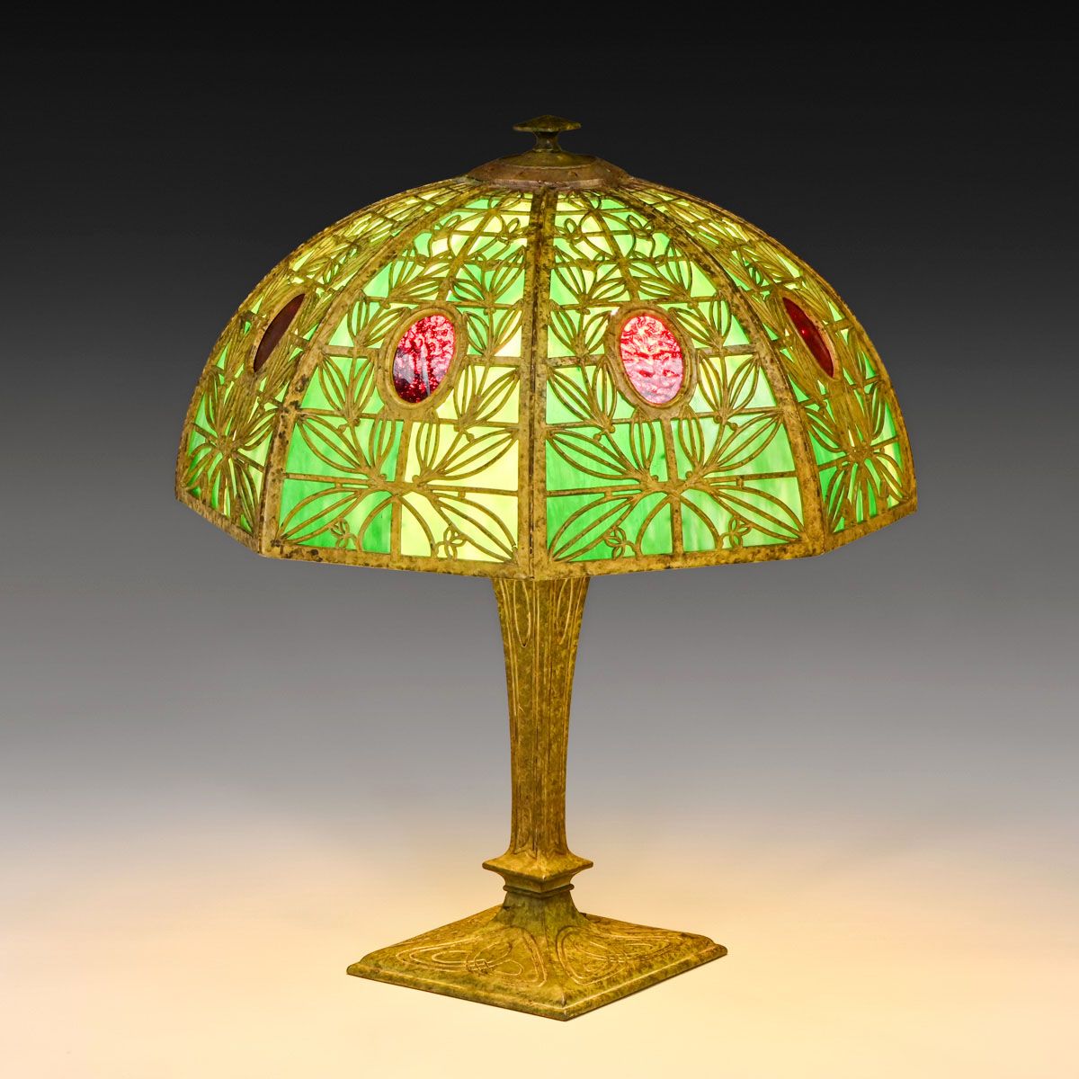 Bradley & Hubbard Heavy Green & Red Curved Glass Lamp c1910