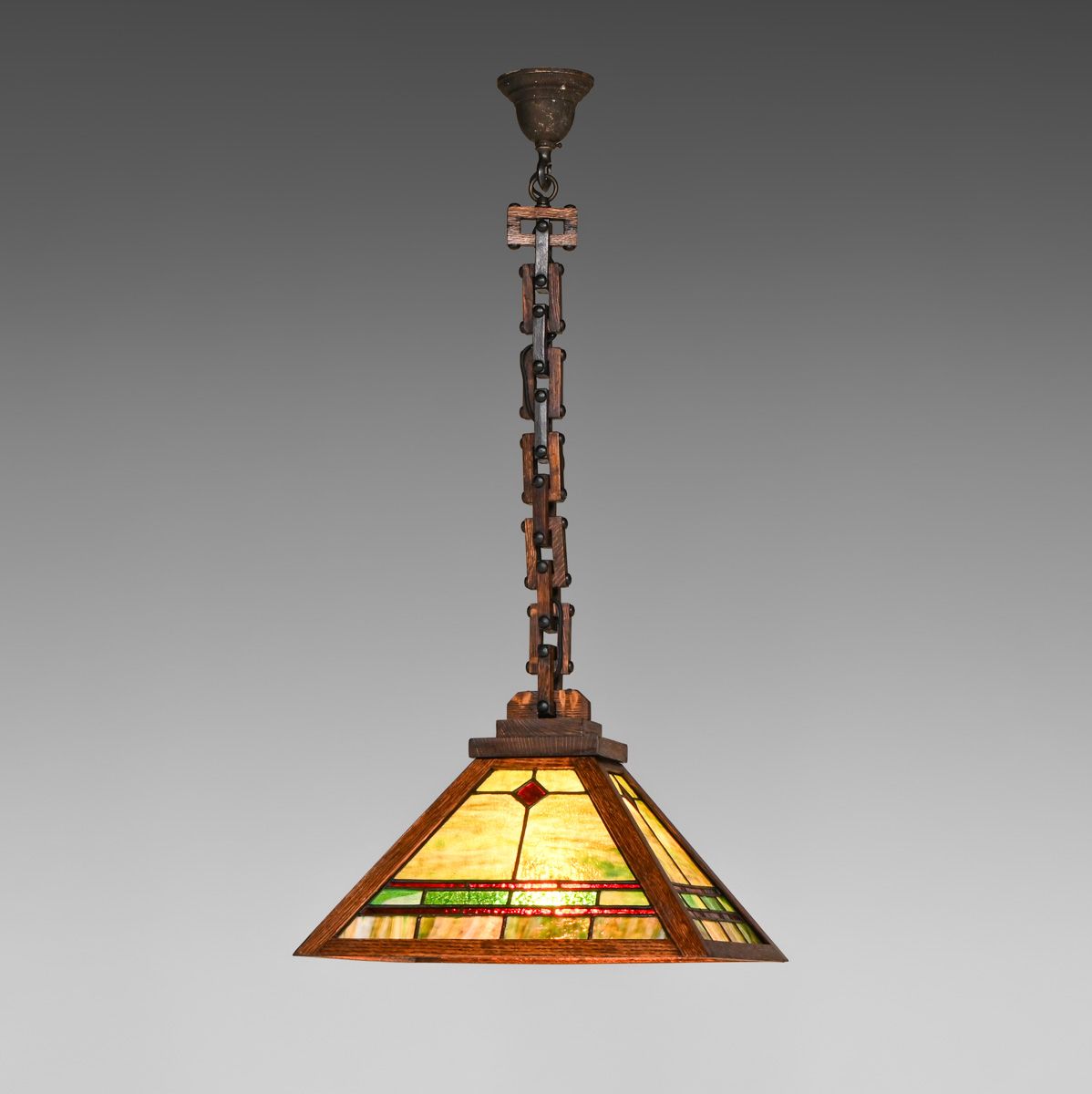 W.B. Brown Oak & Leaded Glass Hanging Light c1910