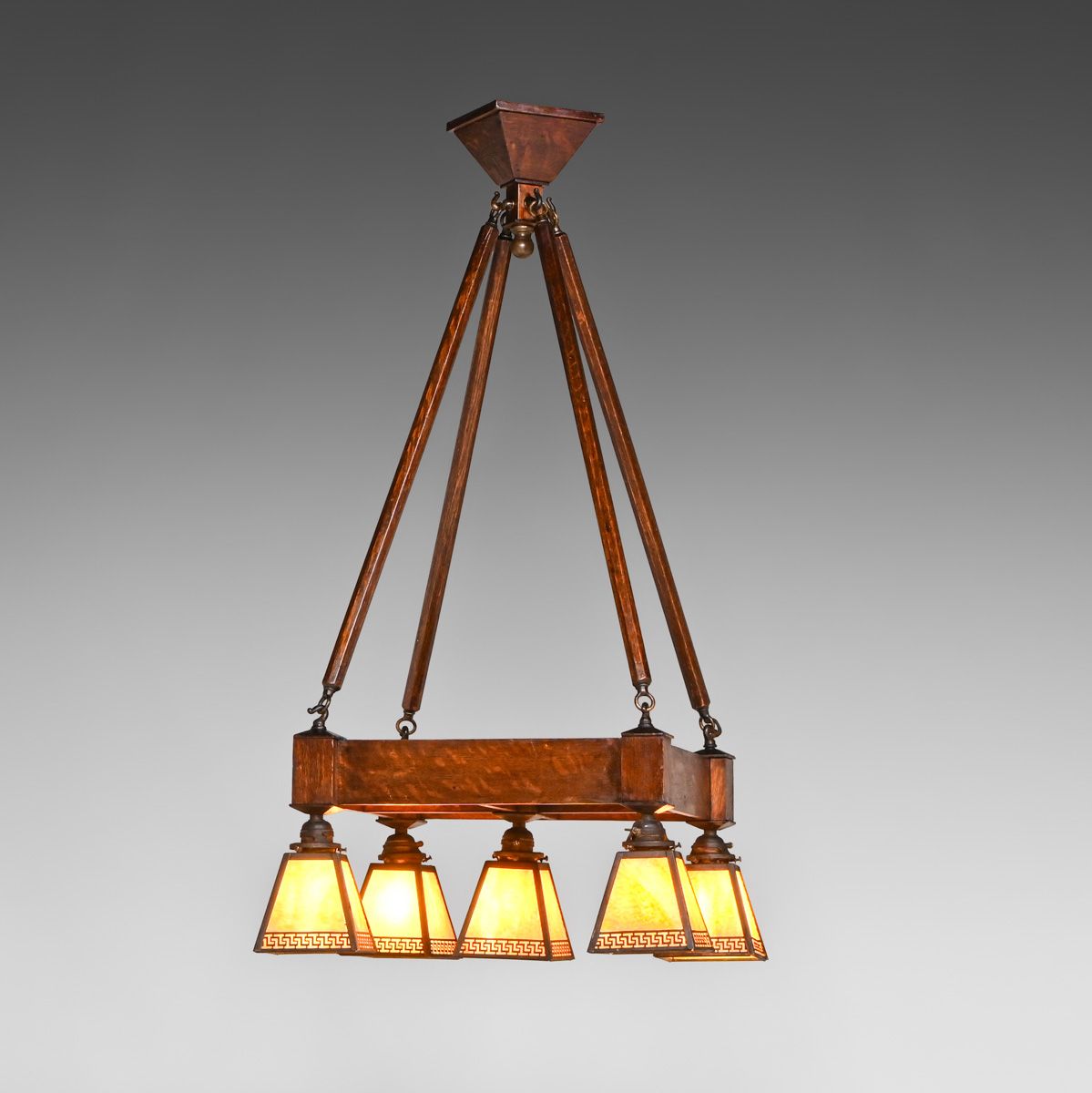 Arts & Crafts Period Oak & Slag Glass Chandelier c1910