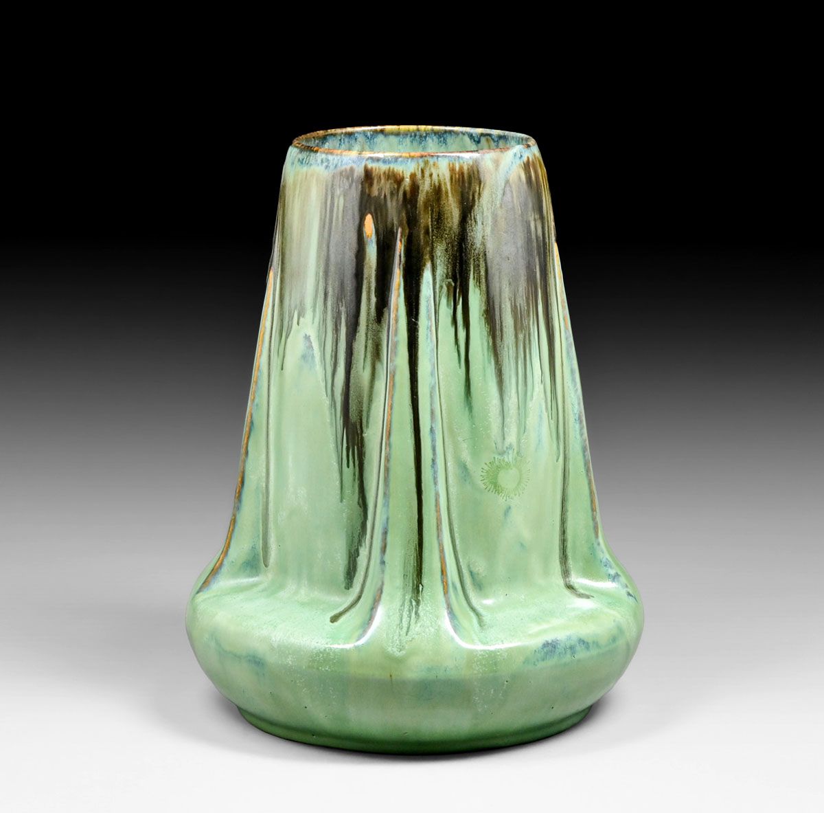 Large Fulper Pottery Mirror Black Drip & Chinese Green Flambe Buttress Vase c1910