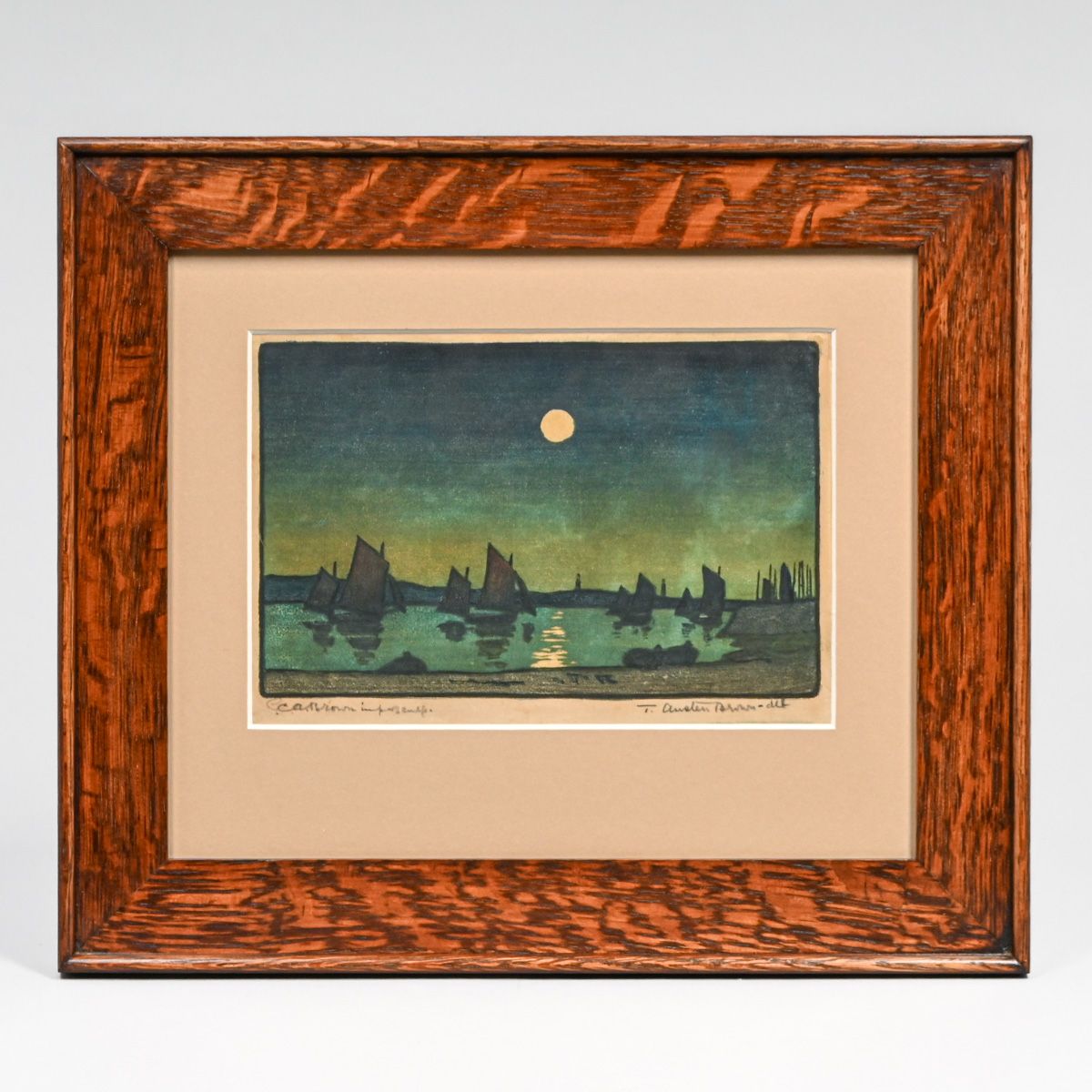 Thomas Austen Brown (Scottish 1857-1924) Color Woodcut "Sailboats in Moonlight" c1900s