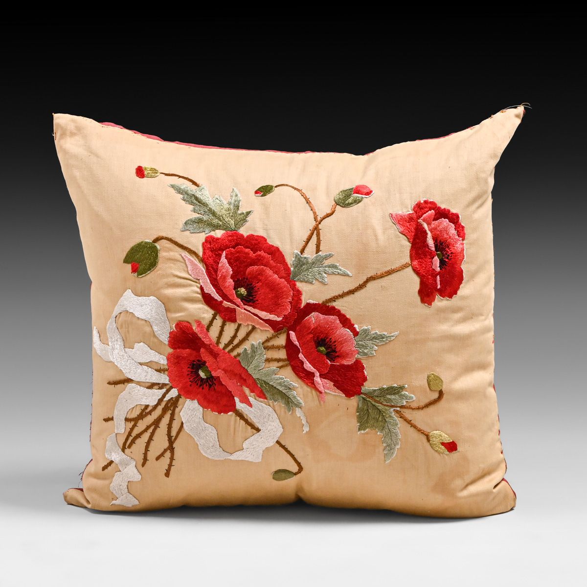 Arts & Crafts Period Hand-Embroidered Silk Rose Pillow c1910