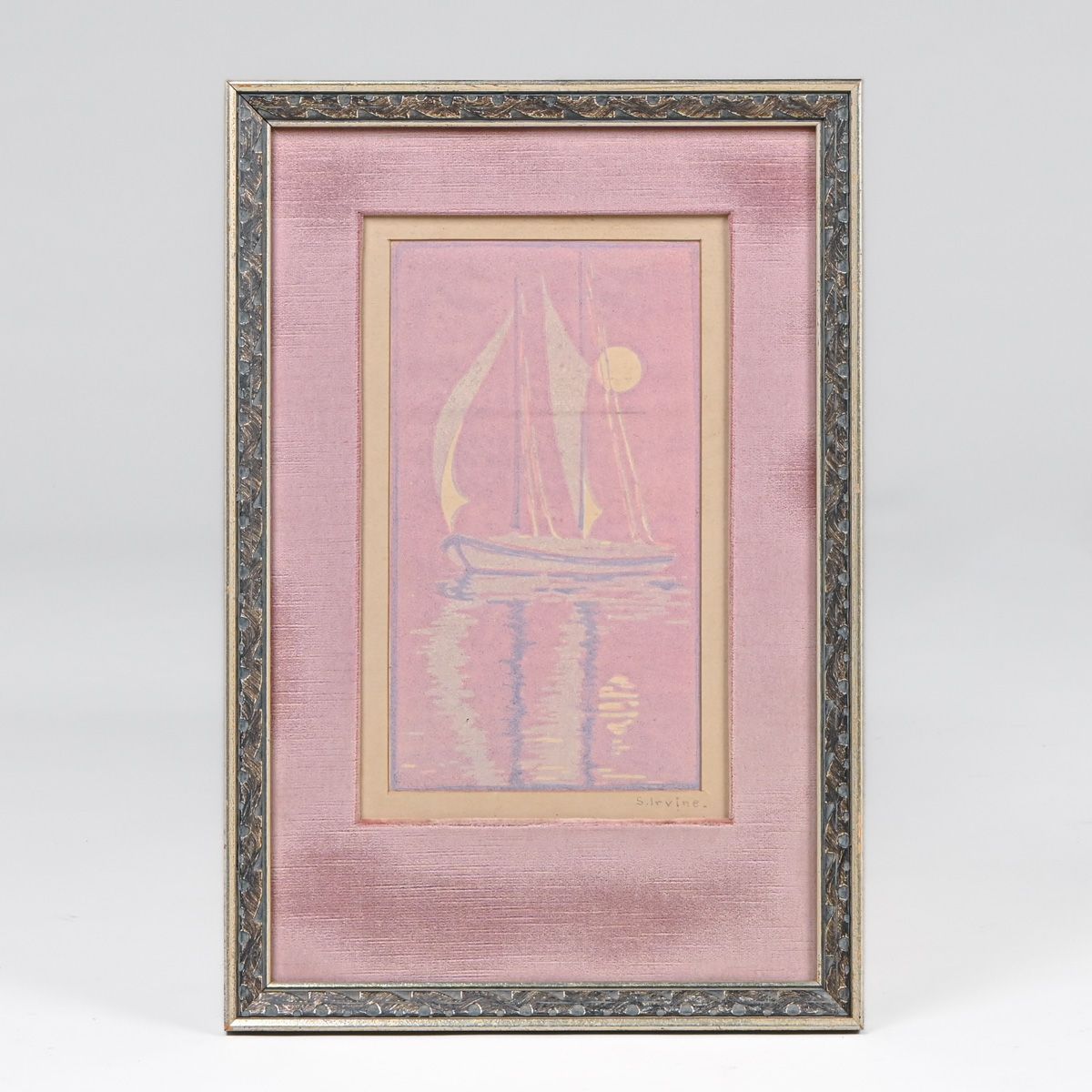 Sadie Irvine (1887-1970) Color Woodcut "Sailboat with Full Moon-Pink" c1915