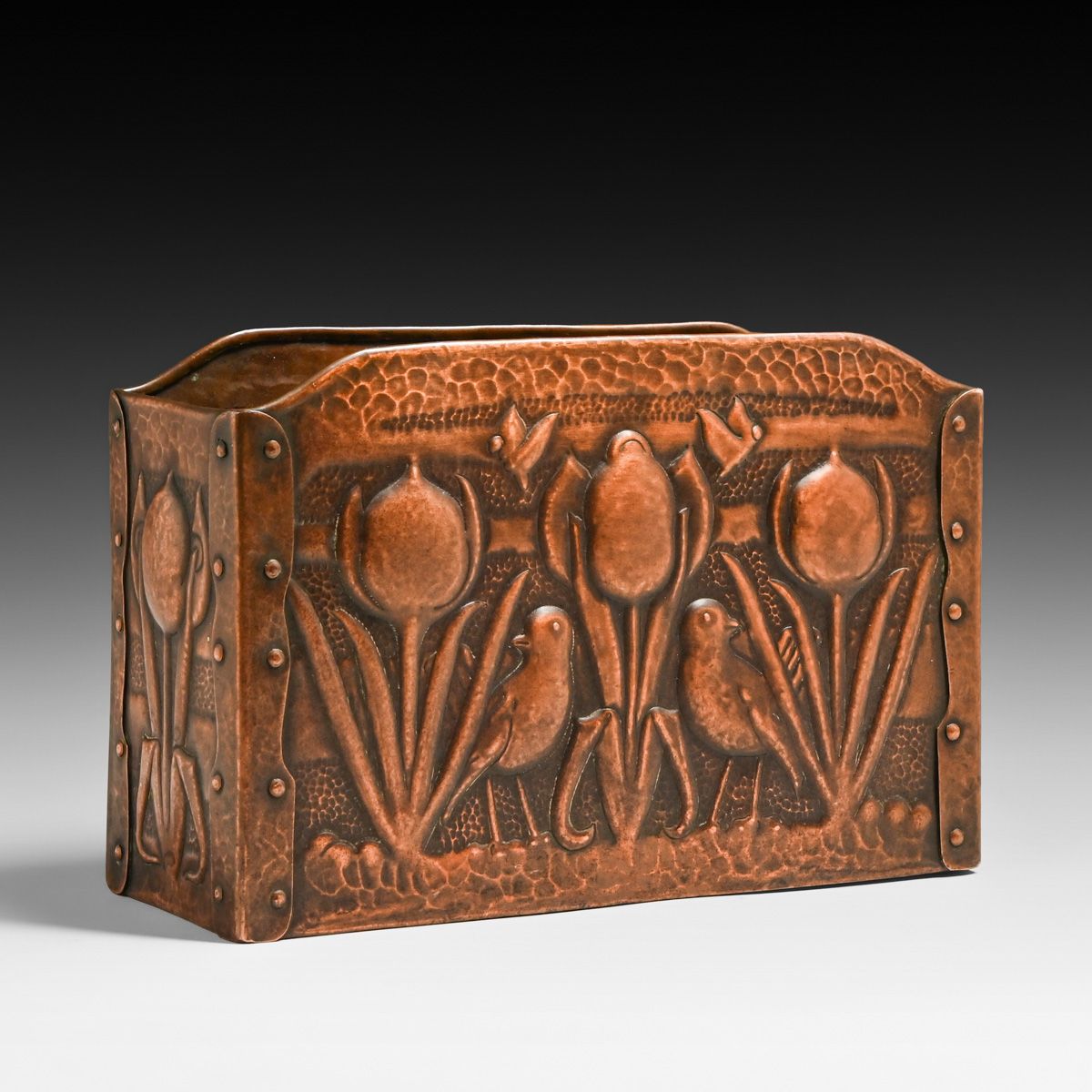 John Pearson Guild of Handicraft Love Birds & Tulips Repousse Hammered Copper Letter Box c1888-1892