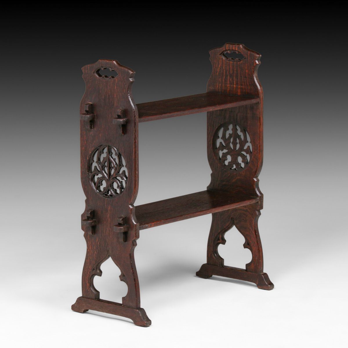 American Arts & Crafts Gothic Hand-Carved Oak Bookshelf c1905