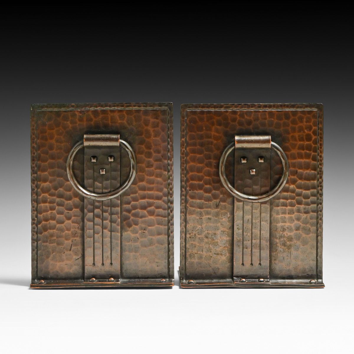 Roycroft Hammered Copper Loop-Handle Bookends c1920s
