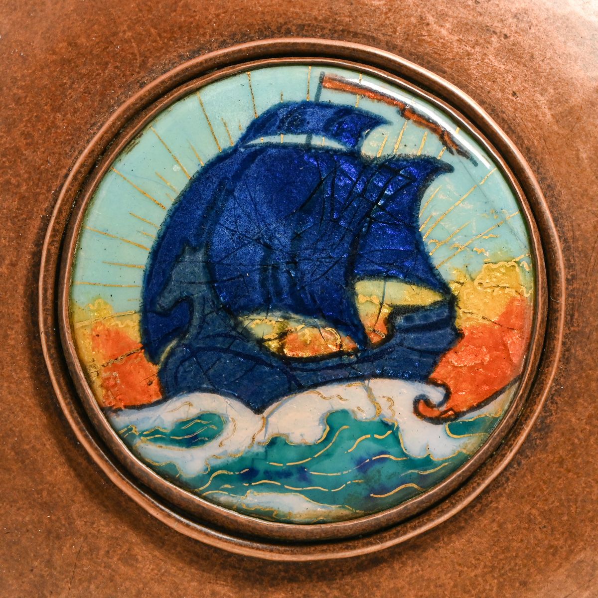 Gertrude Twichell - Boston Society of Arts & Crafts Hammered Copper & Enamel Covered Bowl c1910s