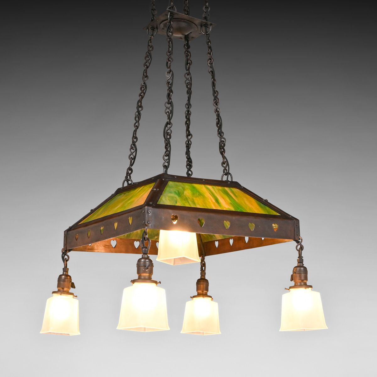 Extremely Rare Roycroft Copper & Slag Glass Chandelier c1905