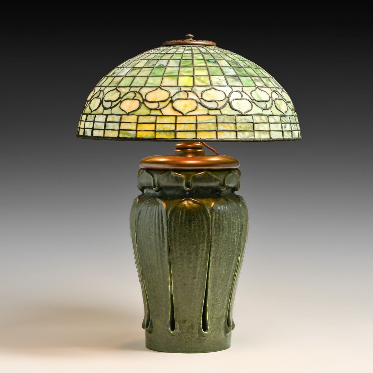 Grueby Pottery – Tiffany Studios Leaded Glass Lamp c1910